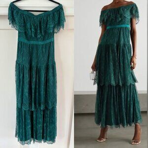 Self-Portrait Green Tiered Lace Maxi Dress UK 8 / US 4